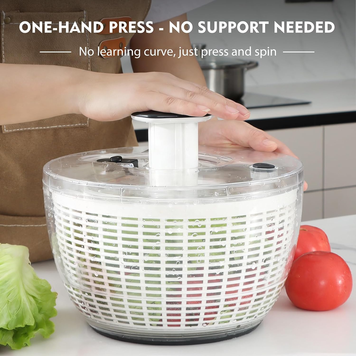 Salad Spinner - เครื่องปั่นสลัดขนาด 6.3 ควอร์ต พร้อมฝาปิดที่ถอดออกได้ ที่กรองน้ำสลัดขนาดใหญ่พร้อมปั๊มกดมือเดียว ปุ่มหยุดฉุกเฉิน