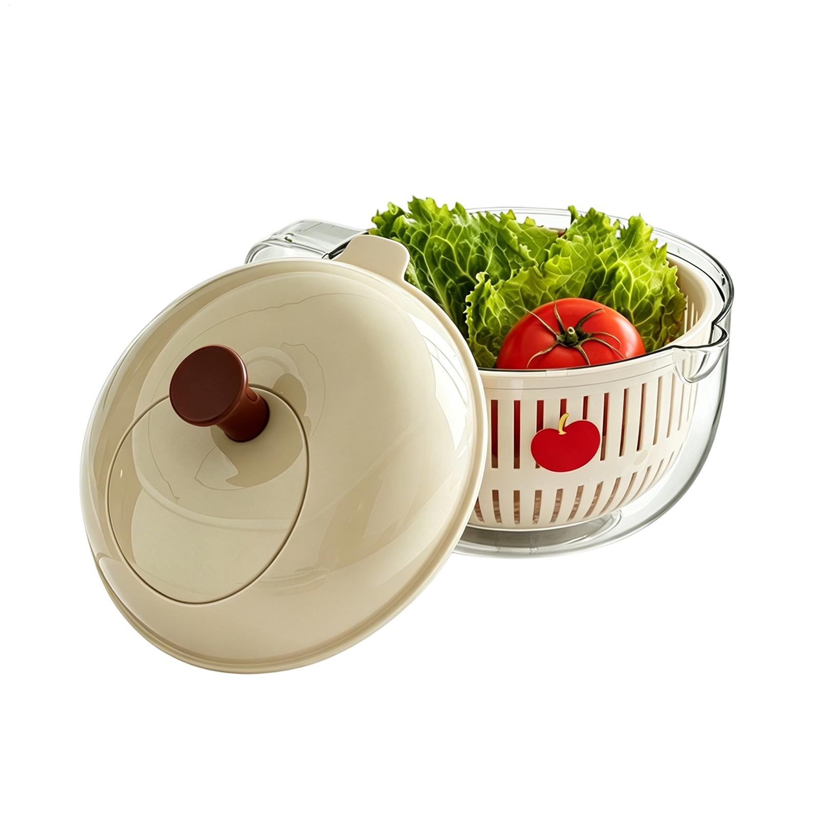 Salad Spinner - เครื่องล้างผักดีไซน์แอปเปิ้ล, ตะกร้ากรองสองชั้น, เครื่องปั่นสลัดแบบมือหมุน, ที่จัดเก็บผลไม้ในครัวขนาดใหญ่