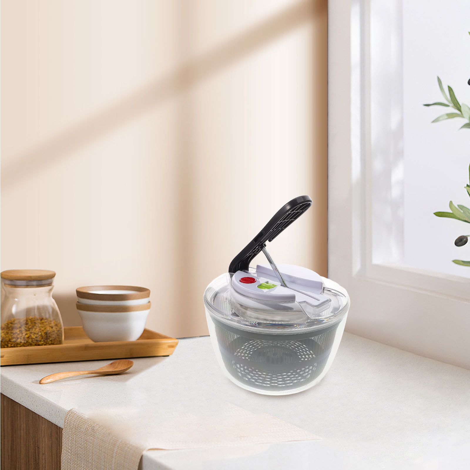 Salad Spinner - เครื่องปั่นสลัดแบบกดมือ สีขาว สำหรับกรองผักและผลไม้ อุปกรณ์กรองผักและผลไม้แบบหมุนมือสำหรับห้องครัว