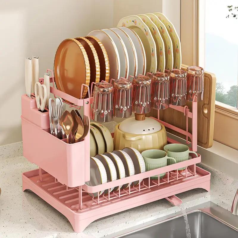 Kitchen Gadgets Storage Ideas - ชั้นวางจาน 2 ชั้นสำหรับเคาน์เตอร์ครัว ที่คว่ำจานกันสนิมพร้อมแผ่นรองน้ำ ที่วางช้อนส้อมและอุปกรณ์ครัว ที่วางแก้ว