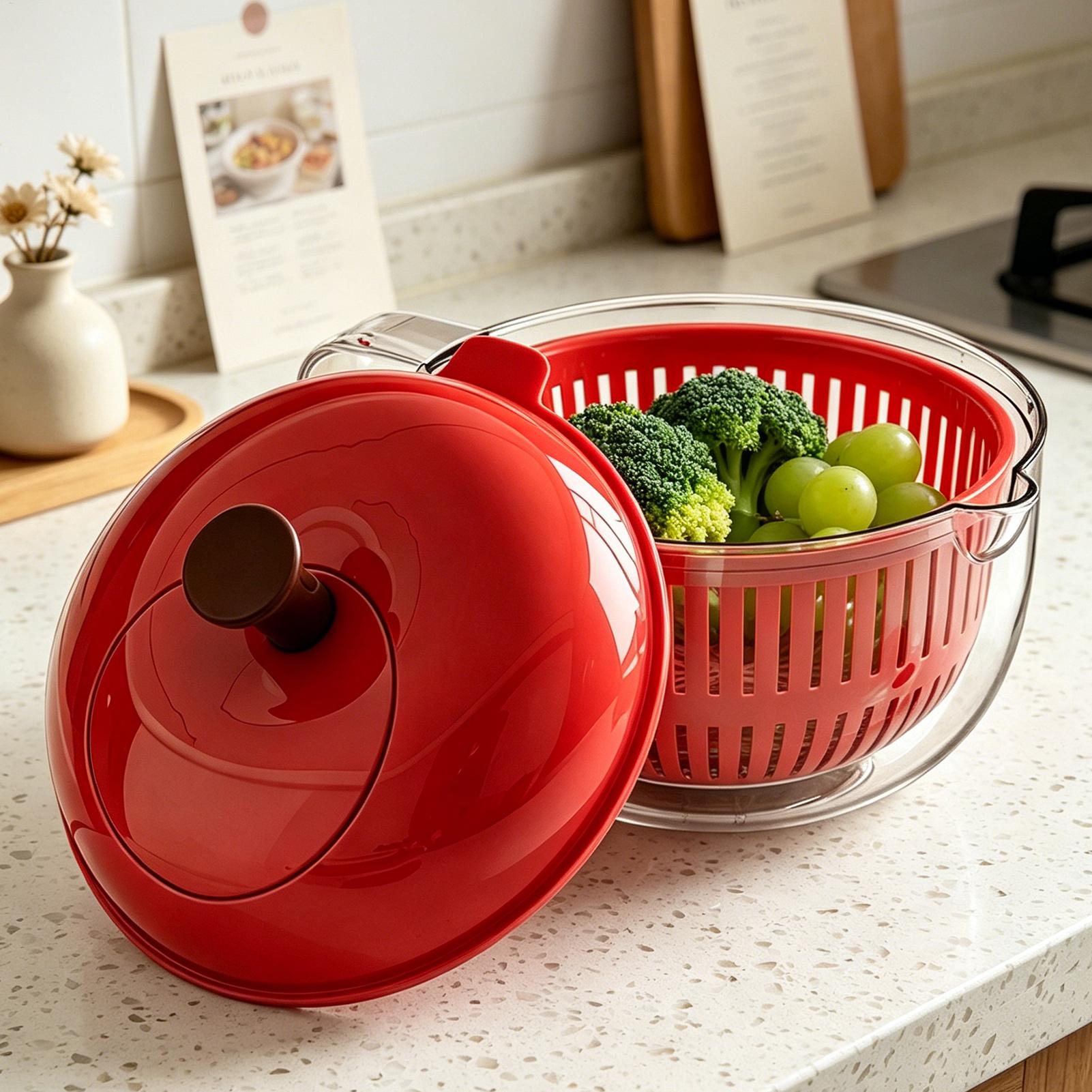 Salad Spinner - ชามล้างผลไม้พร้อมที่กรอง ภาชนะล้างผลไม้ เครื่องล้างเบอร์รี่ ที่ปั่นสลัดรูปทรงแอปเปิ้ล ตะกร้ากรองน้ำสำหรับผักและผลไม้แบบใช้มือ